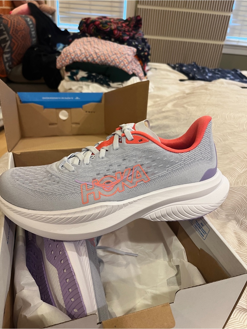 Hoka Women's Mach 6 lavender Running Shoe with Coral Accents